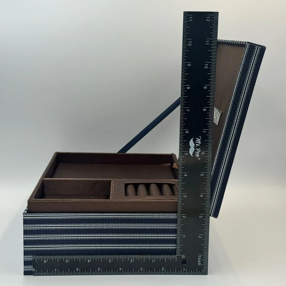 Avon Jewelry Box Navy Blue Pinstripe Brown Satin Lining Removable Tray Organizer